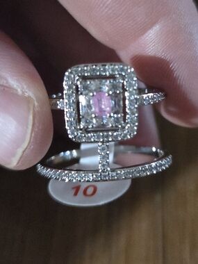 Pink Center Halo Ring with Pavé Silver Band - Women Jewelry